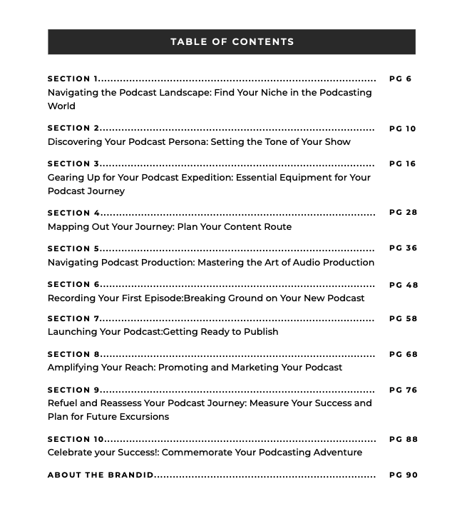 An image of the table of contents of the podcasting guide